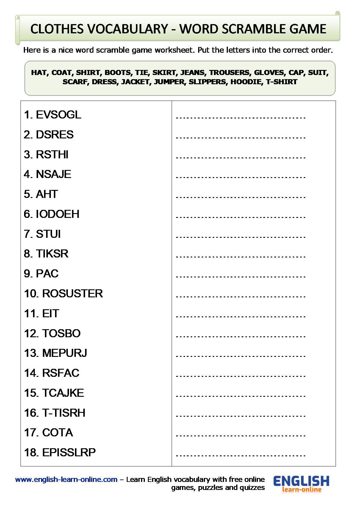 Clothes Vocabulary Word Search