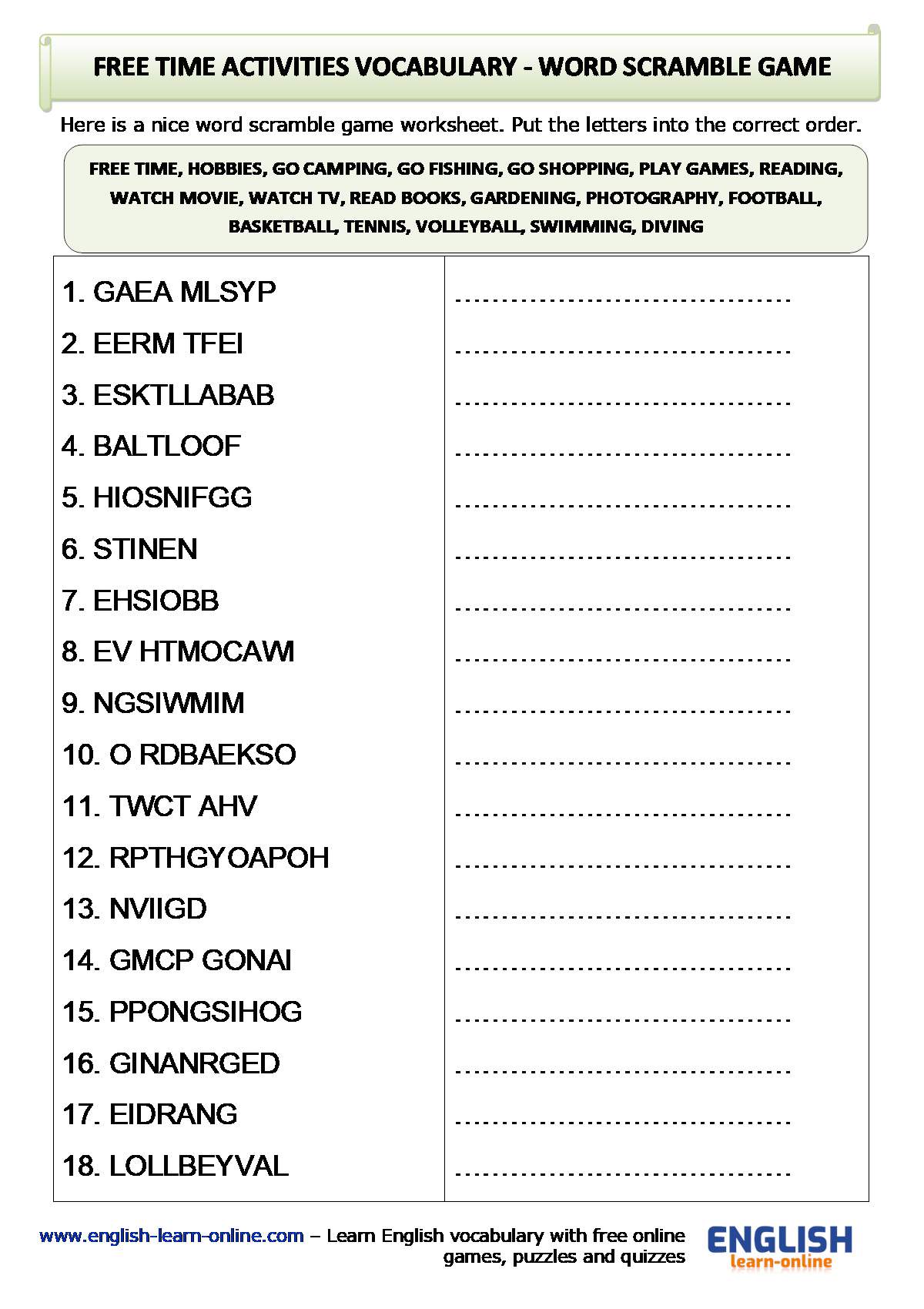 free-time-activities  Free time activities, English vocabulary