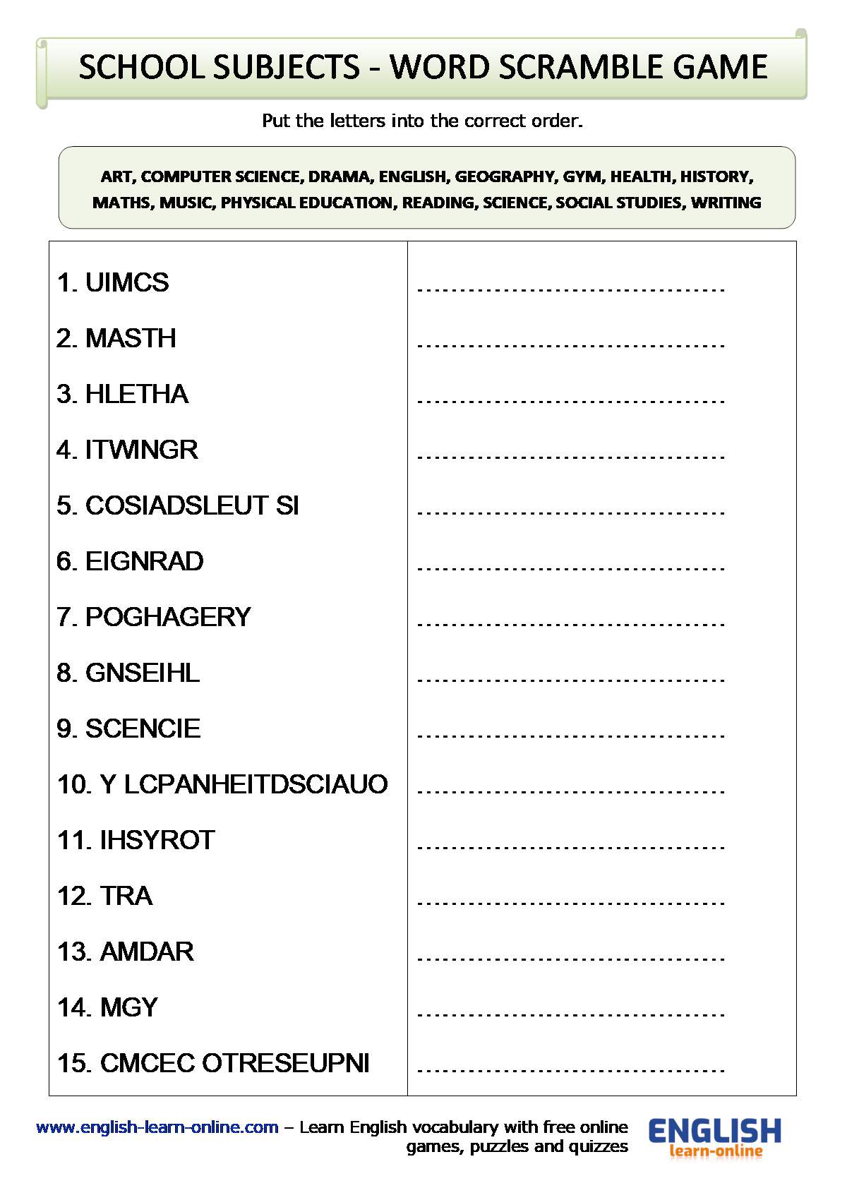 Names Of School Subjects In English With Flashcards Learn English