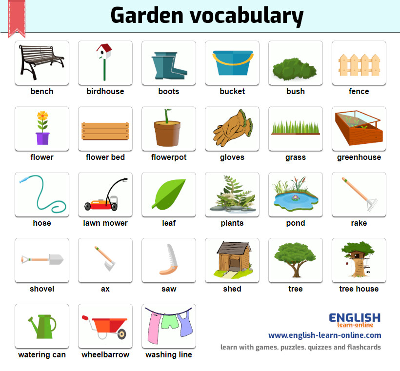 English Vocabulary - 100 GARDEN ITEMS 