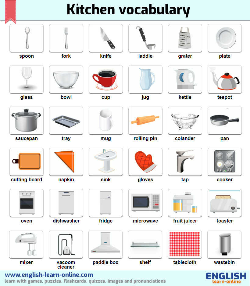 Kitchen utilities, Daily use Vocabulary